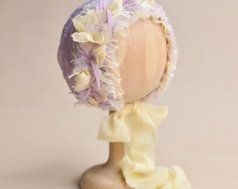 Newborn Lace Bonnet, Purple Yellow Baby Hat, Girl Photo Outfit, Newborn Gift Basket, Unique Photo Props