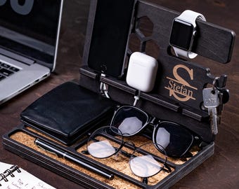 Handcrafted Wooden Desk Organizer – Personalized Phone Stand, Office Storage