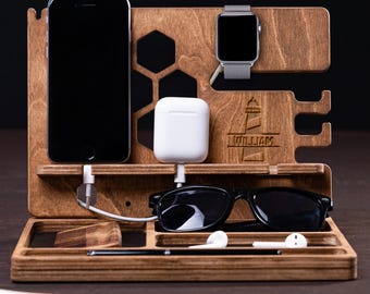 Multi Device Charging Station | Wooden Desk Organizer for Phone Tablet | Handcrafted Birch Plywood Stand