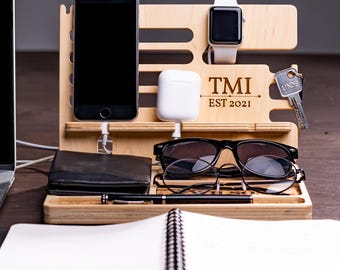 Personalized Wood Desk Organizer with Phone Stand: Engraved Home Office Storage