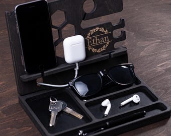 Personalized Wooden Desk Organizer: Executive Birch Plywood Desktop Station