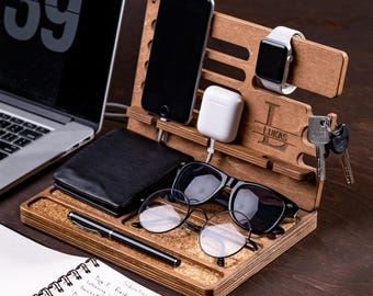 Personalized Wooden Desk Organizer – Phone Stand, Watch Holder