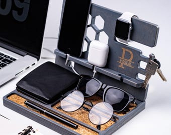 Handcrafted Wood Desk Organizer with Phone Stand: Personalized Office Catchall