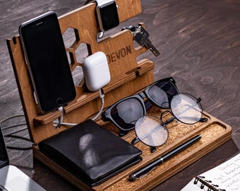 Handcrafted Wood Docking Station Desk Organizer: Personalized Plywood Phone Stand