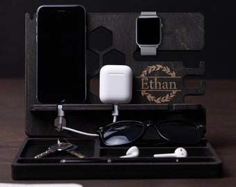 Docking station for men personalized, Dads stuff docking station, Wood phone docking station, Docking station organizer for men