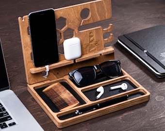 Personalized Wood Desk Organizer with Charging Station: Executive Office Gift