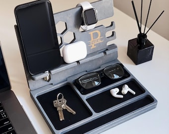 Personalized Wood Desk Organizer with Phone Dock & Cable Management
