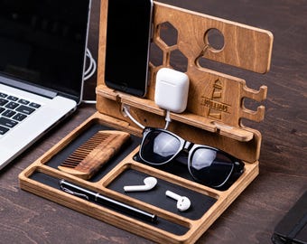 Personalized Wood Desk Organizer Set: Engraved Office Decor