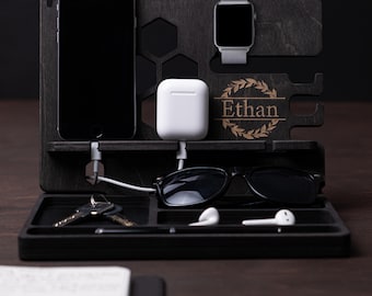 Personalized Wood Desk Organizer - Dad Gift, iPhone & Watch Docking Station