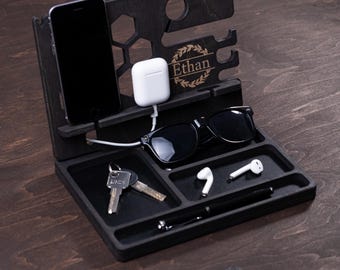 Personalized Wood Desk Organizer: Engraved Office Decor, Phone Charging Station
