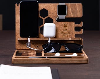 Wooden Nightstand Organizer | Bedside Phone Holder Charging Station | Handcrafted Natural Wood Storage