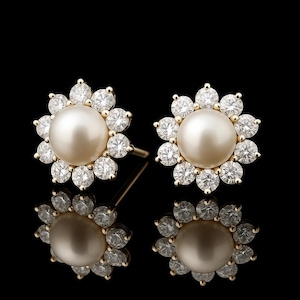 Pearl Stud Earrings in 14K Yellow Gold | Moissanite Diamond Floral Halo