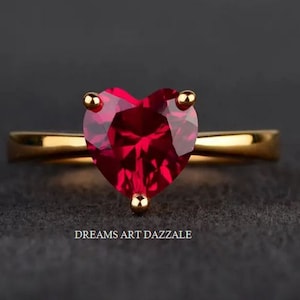 unique vintage solitaire ruby wedding ring heart cut red gemstone July birthstone 14KT YELLOW GOLD