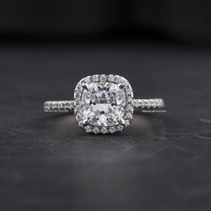 2.0 CT Cushion Cut Moissanite Diamond Engagement Ring | 2 Carat Cushion Cut | Lower Halo Hidden Halo Ring | Elongated Cushion Vintage Ring