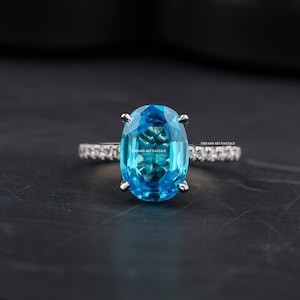 Blue Aquamarine Under Halo Engagement Ring - 3 Row Diamonds on Band ,, Halo Ring, Oval Cut 2.00ct Natural Aquamarine Engagement Ring,