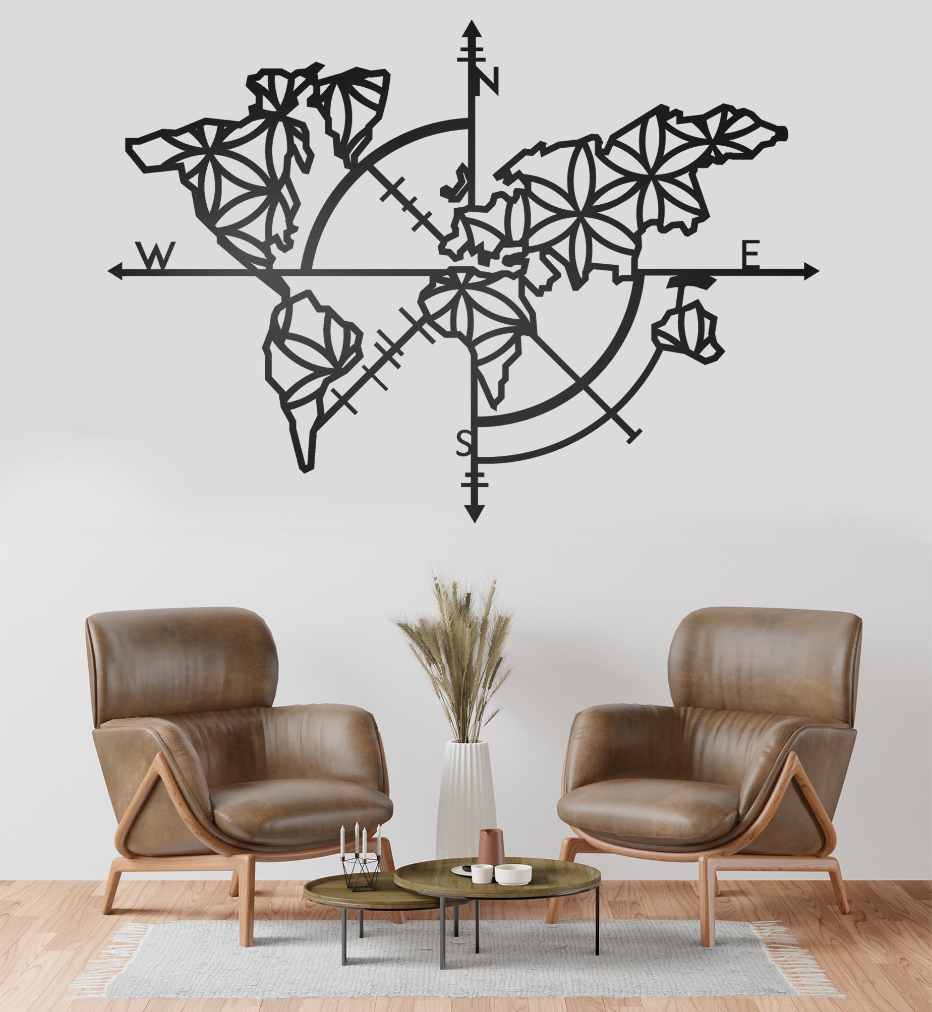 Large Wall Map, Wall Compass, Minimal Wall Art, Mimal Wall Map, Laser