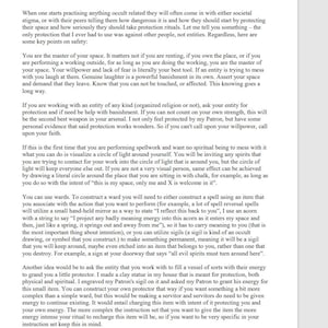 May include: A page of text with tips on protecting your space and using spells for protection in occult practices. The text mentions using wards, sigils, and visualizing a circle of light.