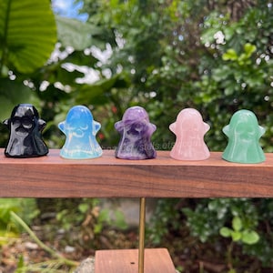 May include: Five small, ghost-shaped crystal figurines in a row. The crystals are black, blue, purple, pink, and green. Each ghost has a carved face and is displayed on a wooden shelf against a blurred green background.