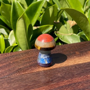 May include: A small, multi-colored crystal mushroom with a red, orange, yellow, blue, and purple layered design. The mushroom is sitting on a wooden surface.