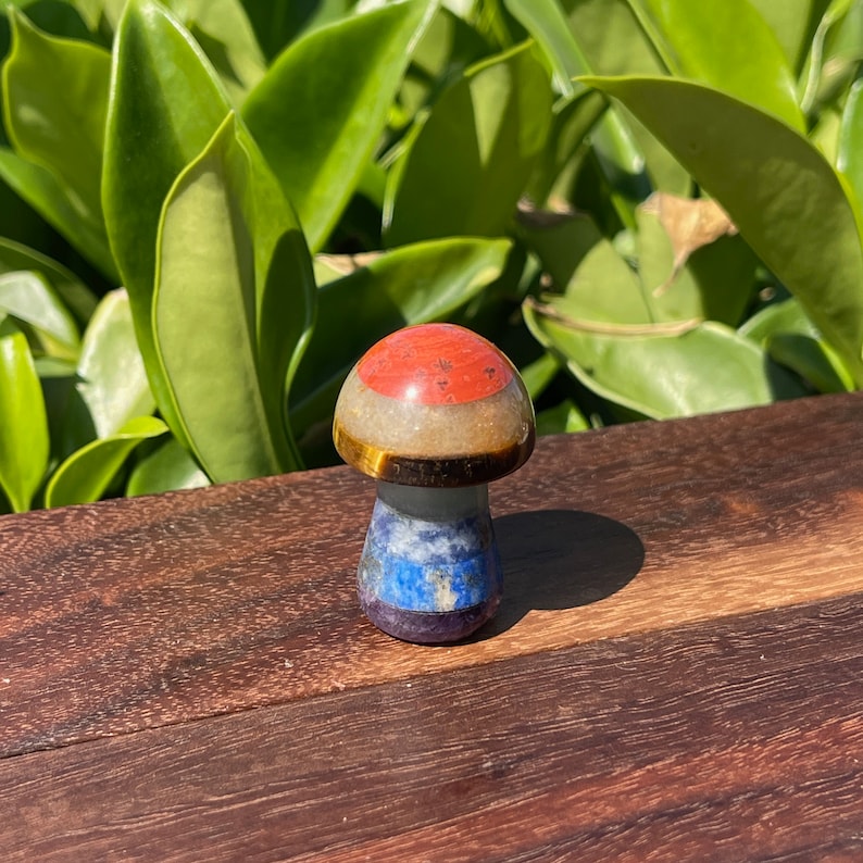 May include: A small, multi-colored crystal mushroom with a red, orange, yellow, blue, and purple layered design. The mushroom is sitting on a wooden surface.