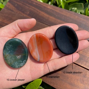 May include: Three smooth, polished oval-shaped stones. The first stone is green with brown and white markings. The second stone is orange with white stripes. The third stone is black. The stones are labeled "10. ocean jasper", "11. carnelian", and "12. black obsidian".
