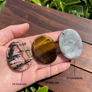 May include: Three oval-shaped polished stones, a pink and black rhodonite, a brown tiger's eye, and a gray labradorite. The stones are labeled with their names.