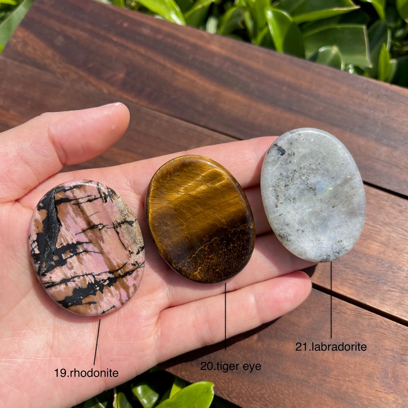 May include: Three oval-shaped polished stones, a pink and black rhodonite, a brown tiger's eye, and a gray labradorite. The stones are labeled with their names.