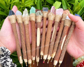 Wooden Crystal Pen with Raw Stone Wired: Unique Gemstone Gift for Writers/Bosses/Graduates