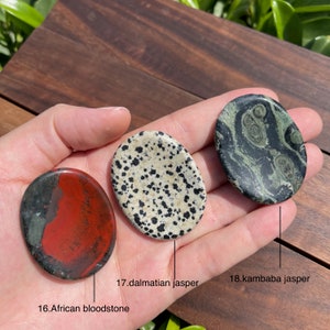 May include: Three smooth, oval-shaped stones with different patterns. The first stone is red with black veins, the second is white with black spots, and the third is green with black swirls. The stones are labeled "African bloodstone", "dalmatian jasper", and "kambaba jasper".
