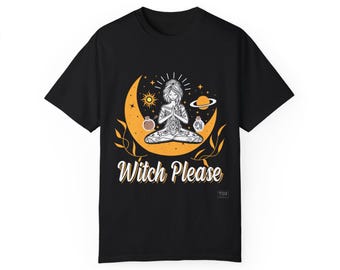 May include: Black t-shirt with a graphic of a woman meditating on a crescent moon with stars, planets, and potion bottles. The text "Witch Please" is below the graphic.