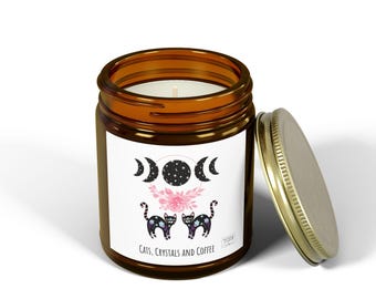 Vanilla Bean Scented Candle: Cats, Crystals, Coffee - Aromatherapy Decor