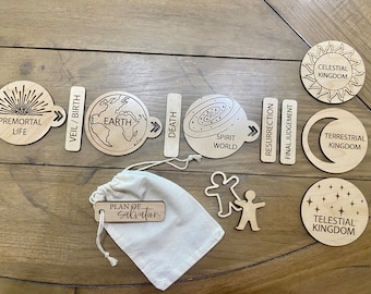 Plan of Salvation Wood Missionary Teaching Discs- Preach My Gospel Lesson 2, Latter Day Saints in English and Spanish