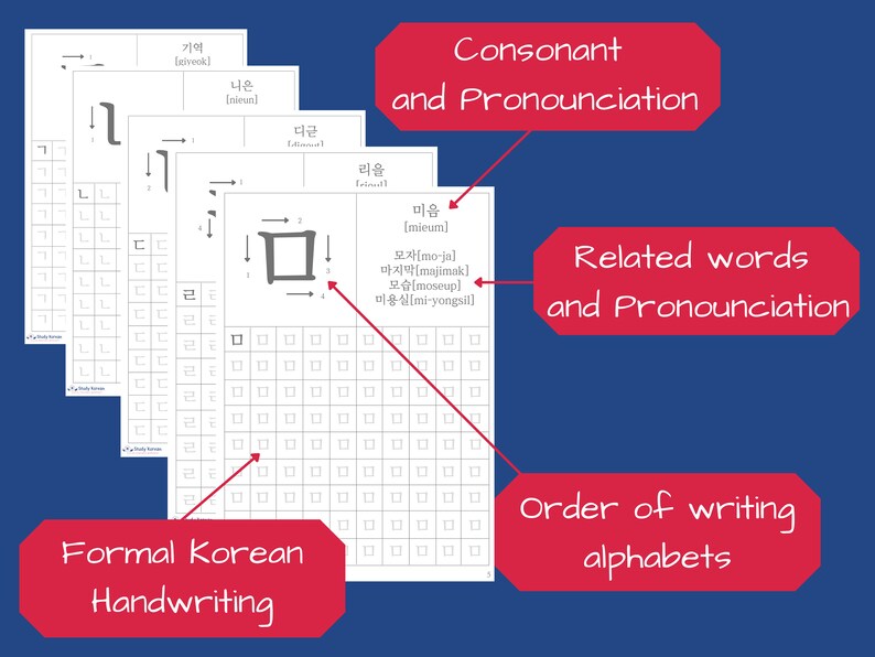 Korean Handwriting Practice Sheets consonants Ver - Etsy