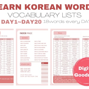 Learn Korean word voca lists digital goodnote worksheet