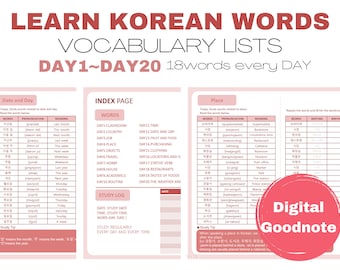 Learn Korean word voca lists digital goodnote worksheet