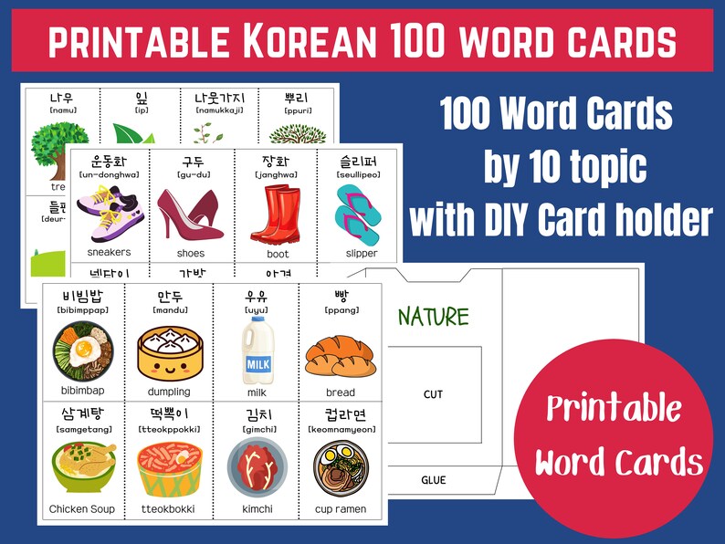 Printable Korean Word Flash Cards With 100 Images Card Holder / Learn