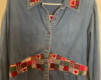 Vintage heart fabric on vintage chambray blouse with heart pocket on back