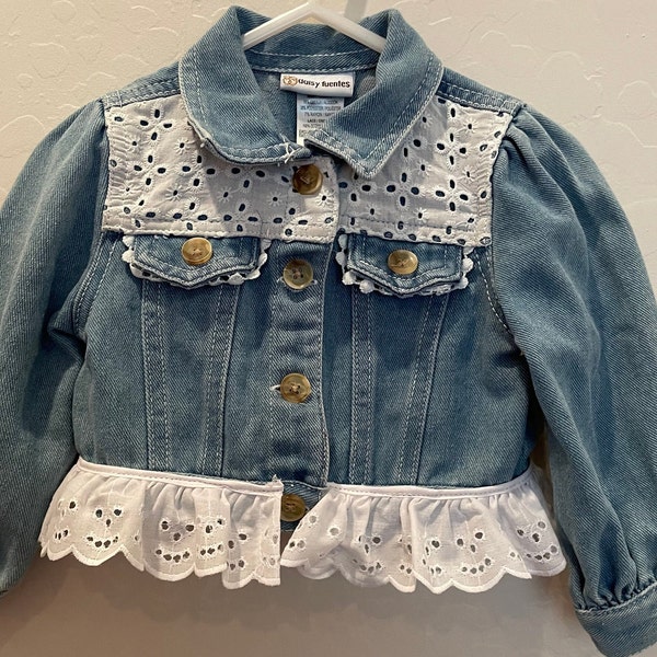 Cutest little girl's western denim vest with eyelet trim and ruffle