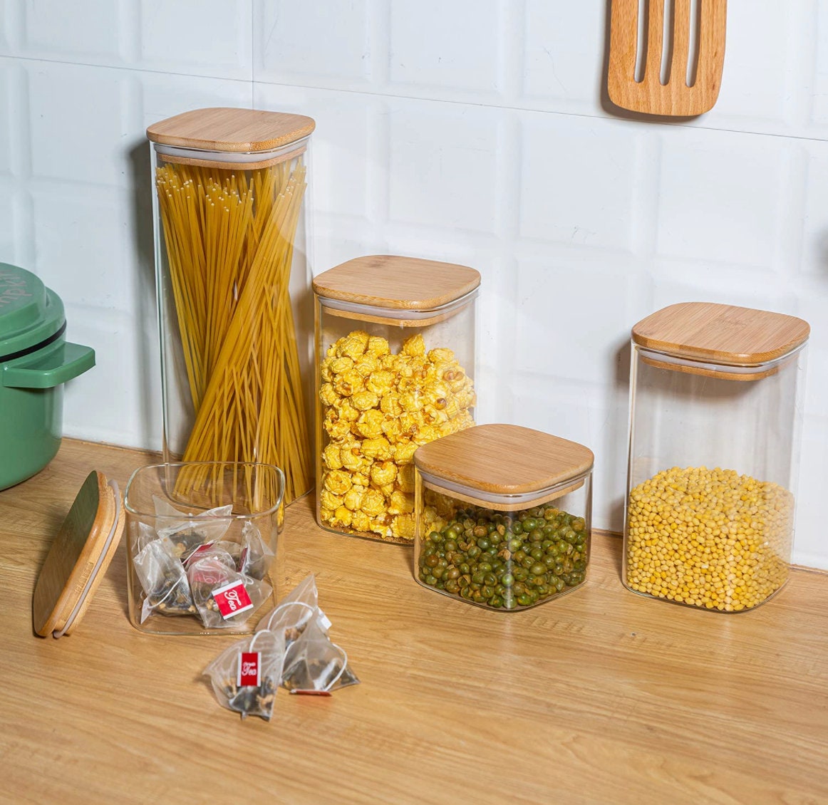 Glass Square Food Storage Container With Airtight Bamboo Lid, Stackable  Kitchen Pantry Clear Canisters For Cookie, Candy, Sugar, Coffee Bean,  Pasta