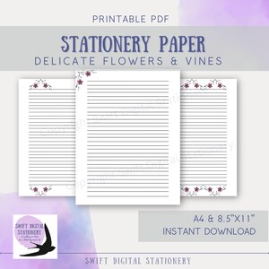 Druckbares Briefpapier Brief Set 6 Einzigartige Designs Minimalistisch Floral mit Ranken Journaling Papier Instant Download PDF A4 + US Ltr