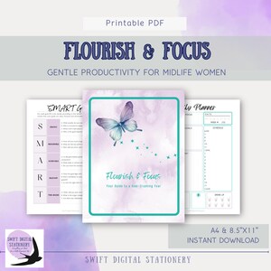 Flourish and Focus Digital Goal Planner for Midlife Women Gentle Productivity Self-Care Routine Emotional Clarity Printable Journal Download