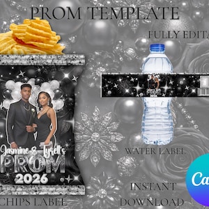 May include: A black and white prom-themed design featuring a chips label and water bottle label. The chips label has a photo of a couple and the text "Jasmine & Tyrell's PROM 2026". The water bottle label also has a photo of a couple.
