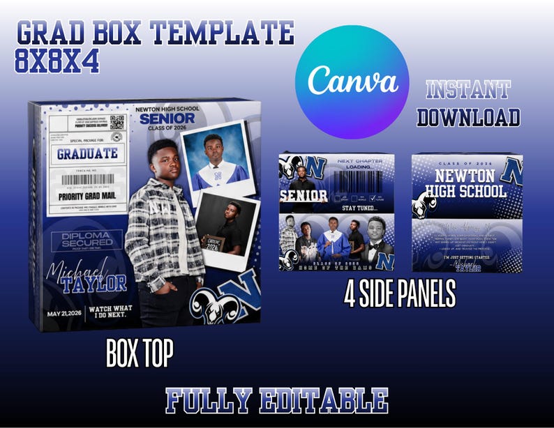 Sample Grad Box Graduation Favor Box Template | Editable 8x8x4 Box Design (instant ...