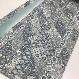 K36 Vintage Silk Wedding Kimono(Komon) Grey Turtle shell Checkered pattern Fortune Hexagon Stencil dyeing
