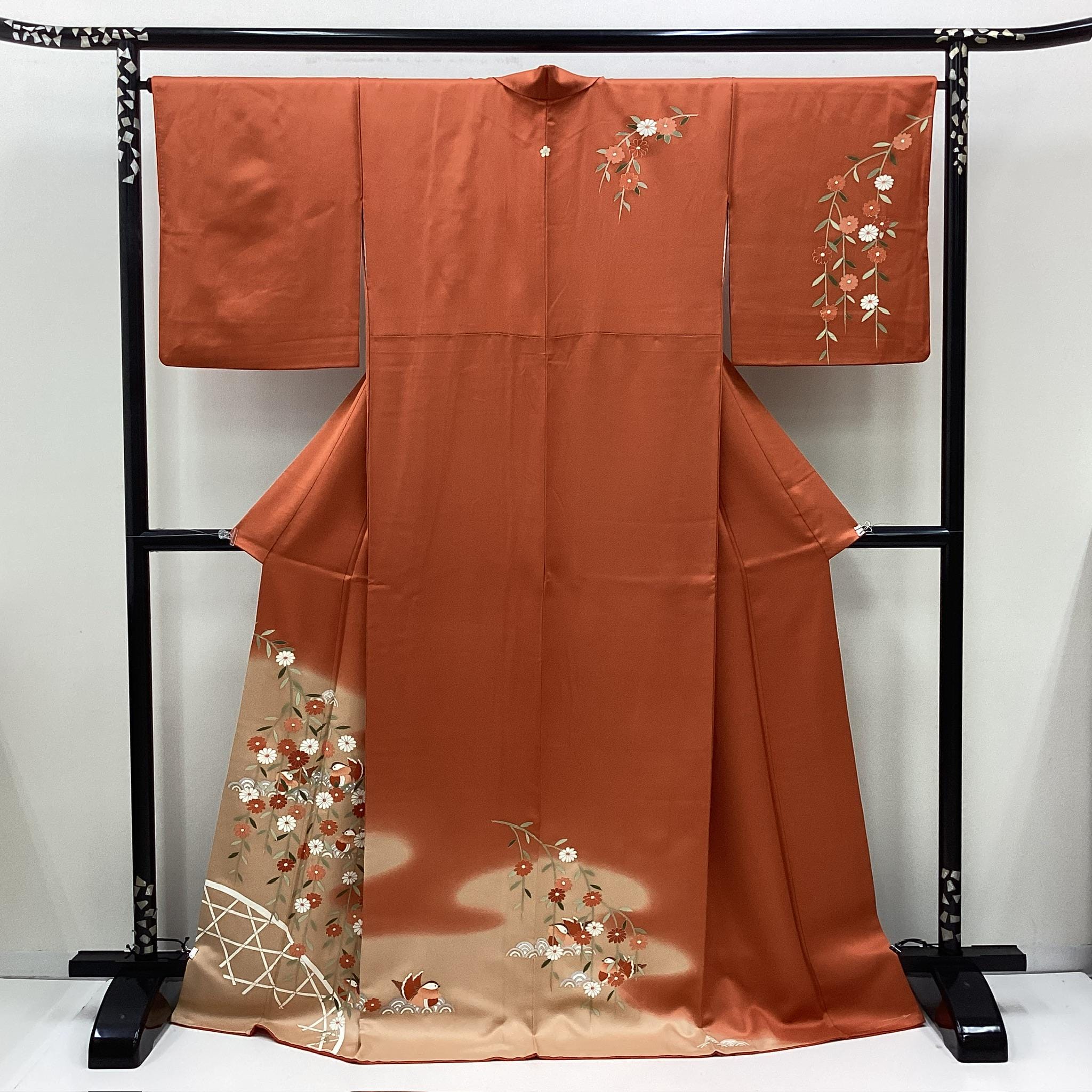 K821 ヴィンテージシルクウェディング着物（訪問着）：赤茶色金