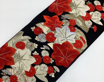 B206 Vintage Silk Kimono Obi Belt 'Fukuro-Obi' Gorgeous Silver/ Red Chrysanthemum Autumn leaf