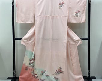 K830 Vintage Silk Wedding Kimono (Tsukesage) : Light Pink Gradation Gold / Chirimen Crape Riverside Seasonal flowers Cherry blossoms
