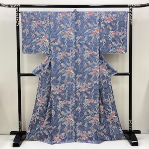 K417 ヴィンテージシルクウェディング着物（小紋）：ブルーグレー／紅型グラデーションリバーサイドジャカード織りの季節の花々