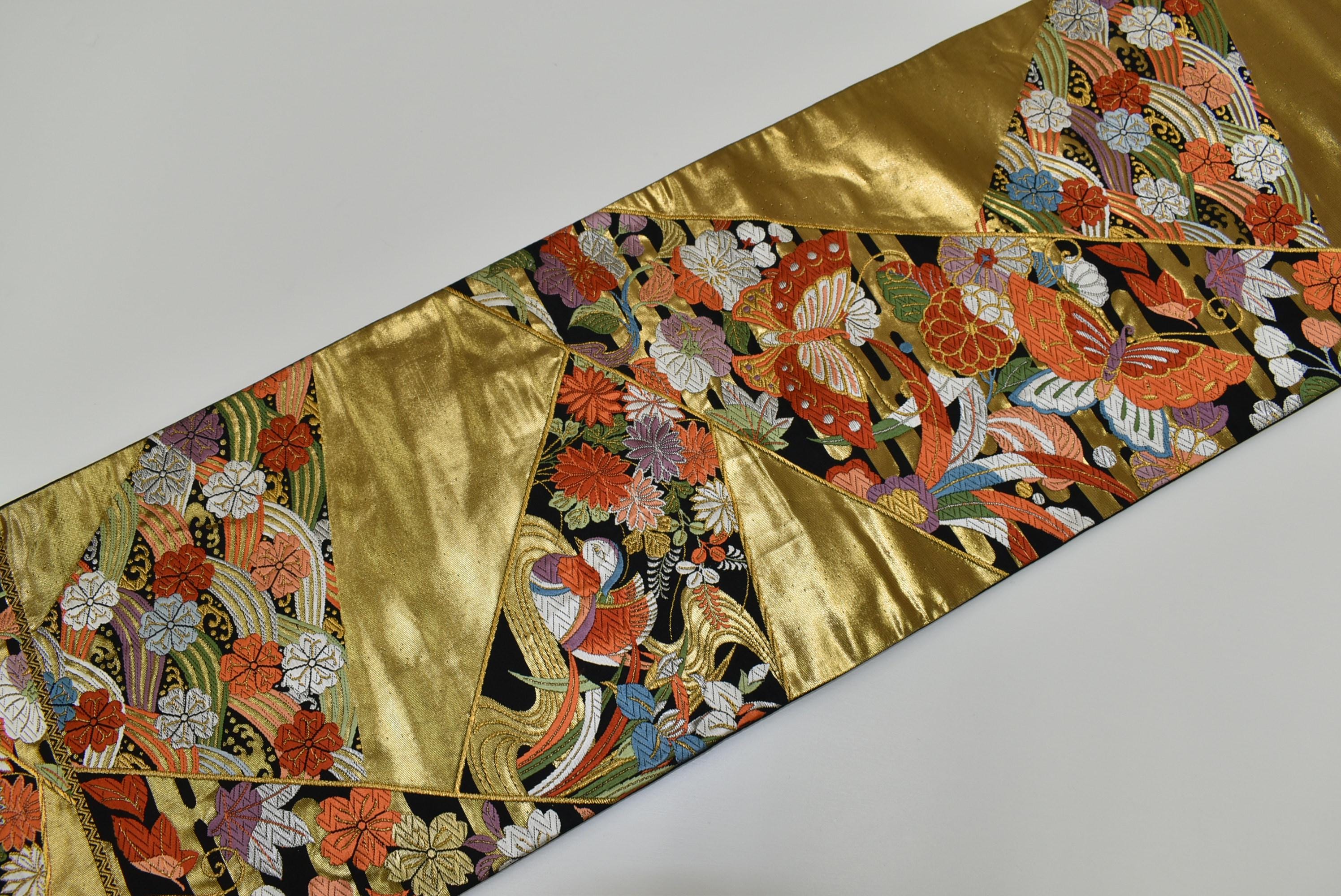 Y167 ヴィンテージ シルク 着物 袋帯 黒 金彩 刺繍 川辺 鴨 