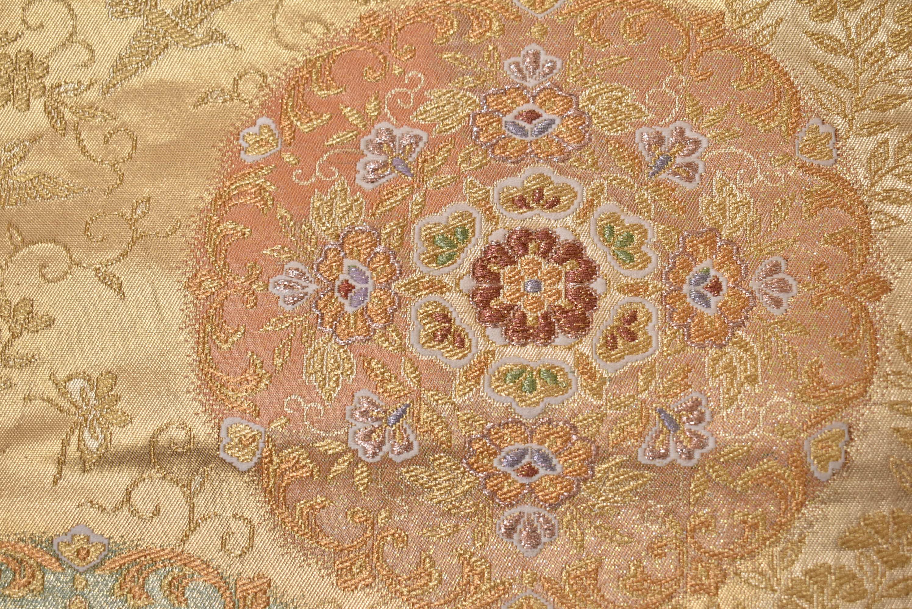 Y156 ヴィンテージ シルク 着物 帯 袋帯 金刺繍 / 丸花 幾何学模様